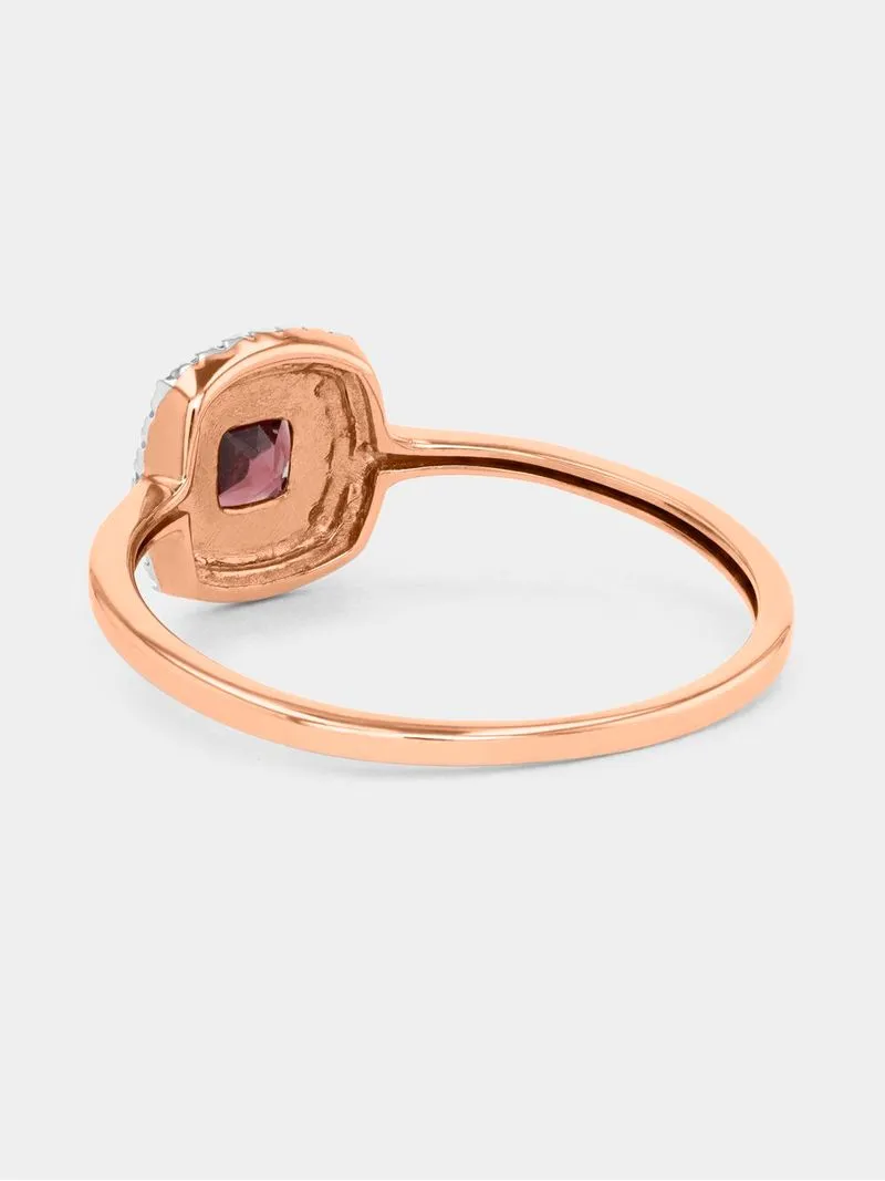 Rose Gold Diamond & Rhodolite Cushion Halo Ring