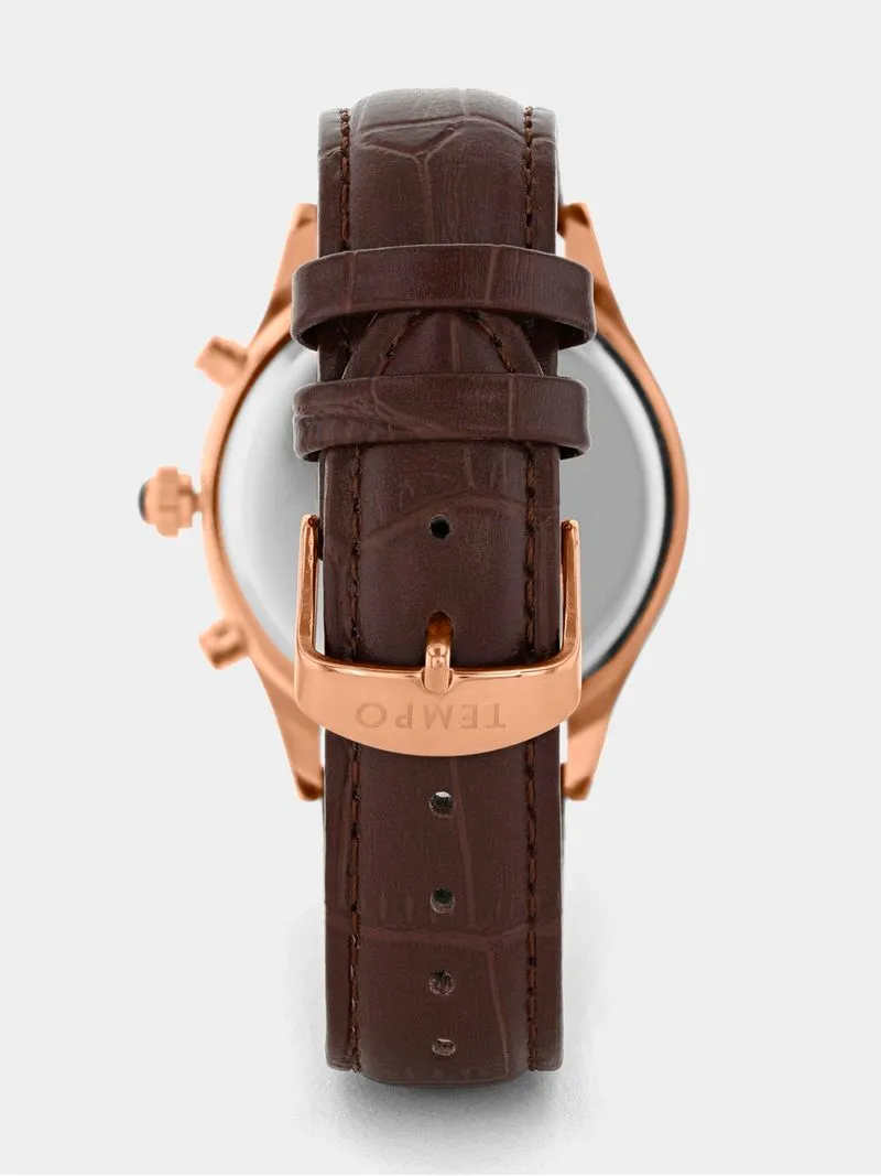 Tempo Men’s Rose Plated Blue Multi Dial Brown Leather Watch