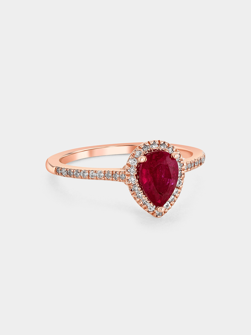 Rose Gold Lab Grown Ruby & Moissanite Women’s Pear Halo Ring
