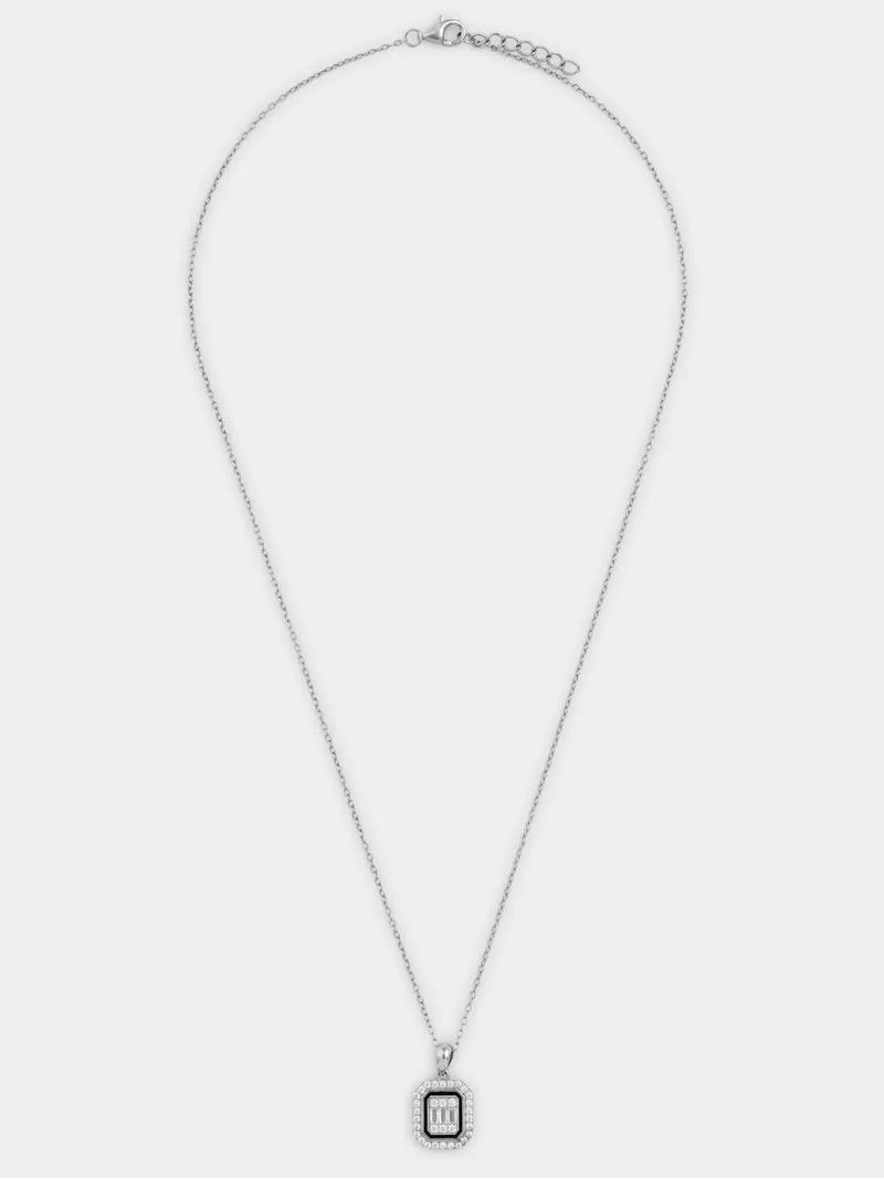 Sterling Silver Black Enamel Cubic Zirconia Cushion Cluster Halo Pendant