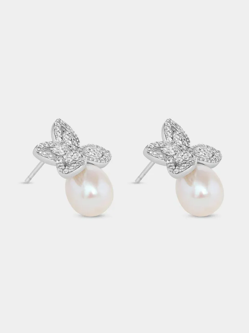 Sterling Silver Female Cubic Zirconia Pearl Studs Earring