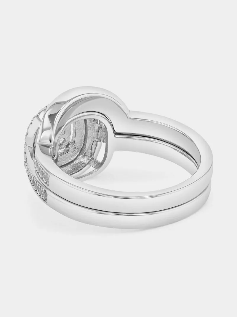 Sterling Silver Diamond & Created Sapphire Cushion Double Halo Twinset Ring