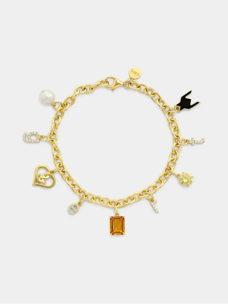 Gert Johan Coetzee Gold-tone Sterling Silver Cognac Cubic Zirconia & Pearl Love Generation Initial Charm Bracelet