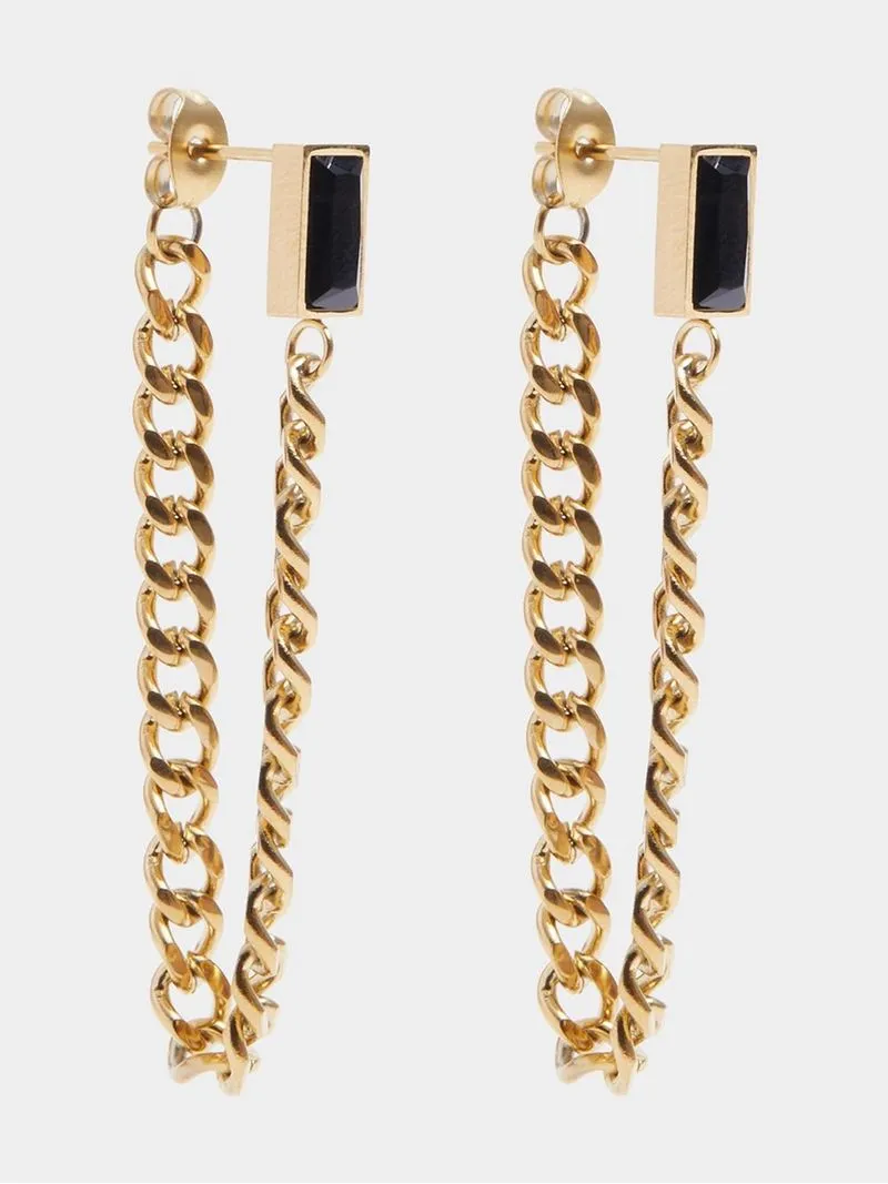 Stainless Steel 18ct Gold Plated Waterproof black emerald cut stud with chain