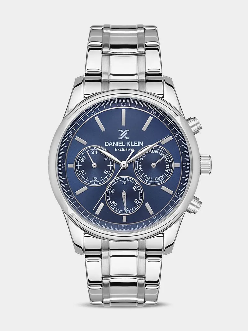 Daniel Klein Silver Plated Blue Dial Chronographic Stainless Steel Bracelet Watch