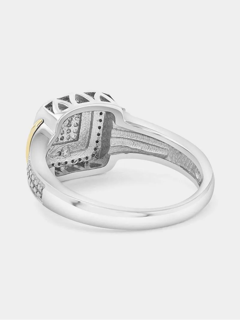 Yellow Gold & Sterling Silver Diamond & Created Sapphire Cushion Halo Ring