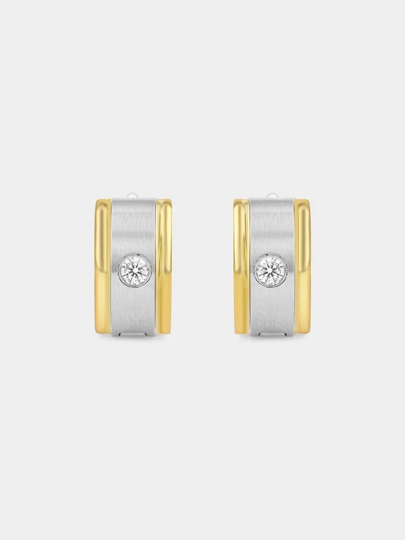 Stainless Steel 2-Tone Cubic Zirconia Matt Huggie Earrings