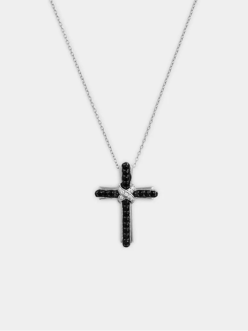 Sterling Silver Black & White Cubic Zirconia Kiss Cross Pendant
