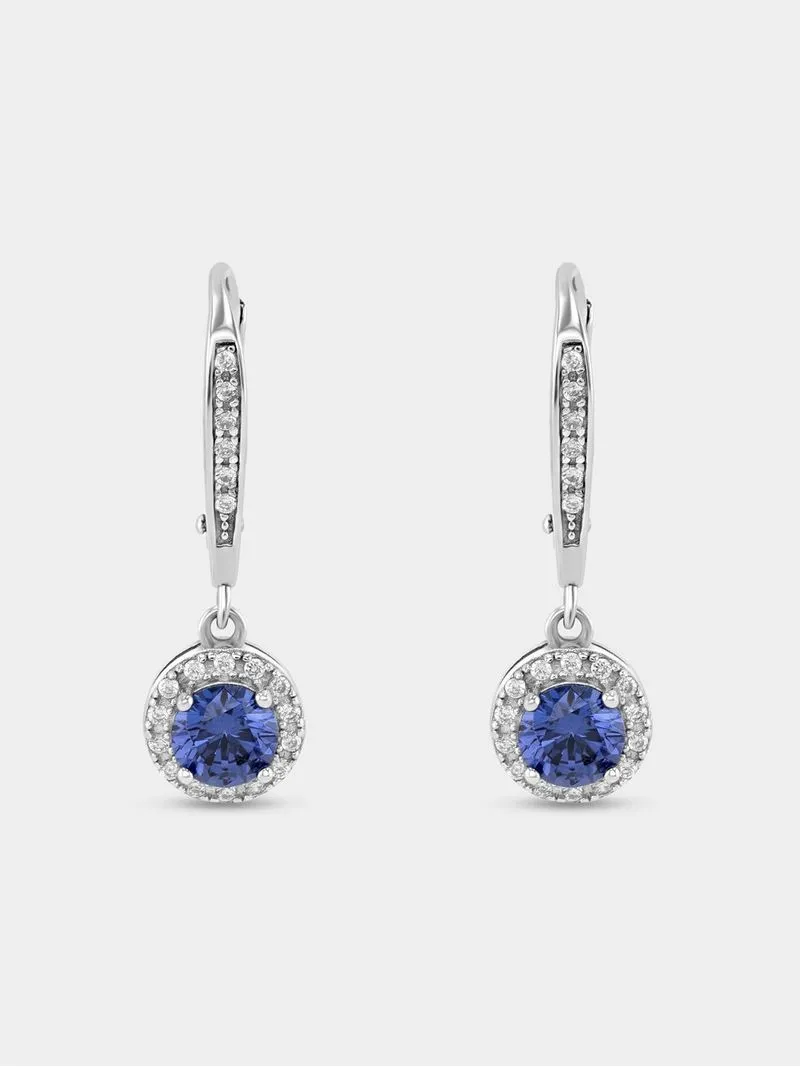 Sterling Silver Tanzanite Blue Cubic Zirconia Round Halo Drop Earrings