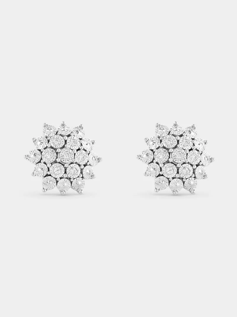 White Gold Diamond Illusion Cluster Stud Earrings