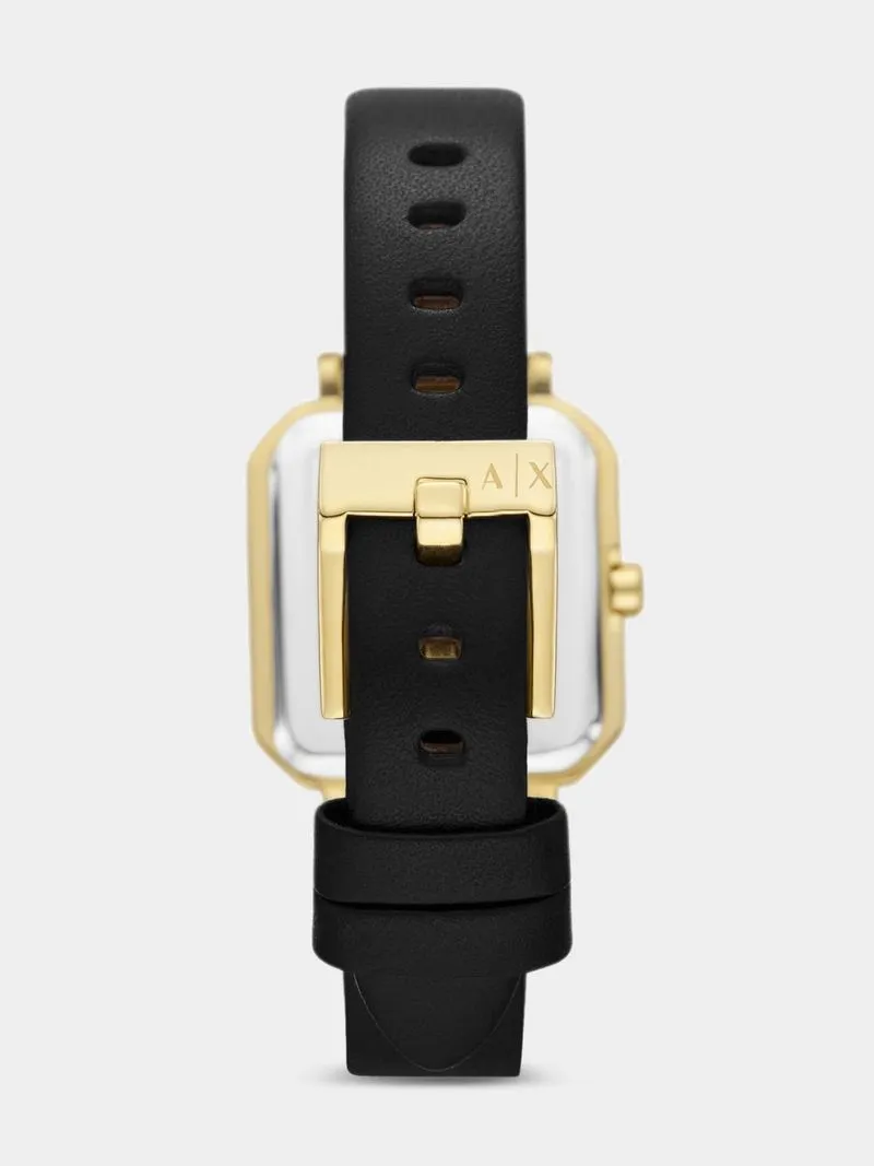 Armani Exchange Gold Plated Stainless Steel Octagon Black Leather Watch