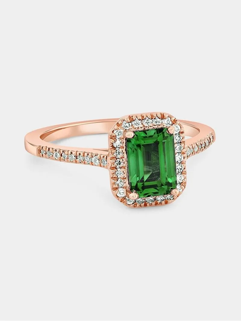 Rose Gold Lab Grown Emerald & Moissanite Women’s Halo Ring
