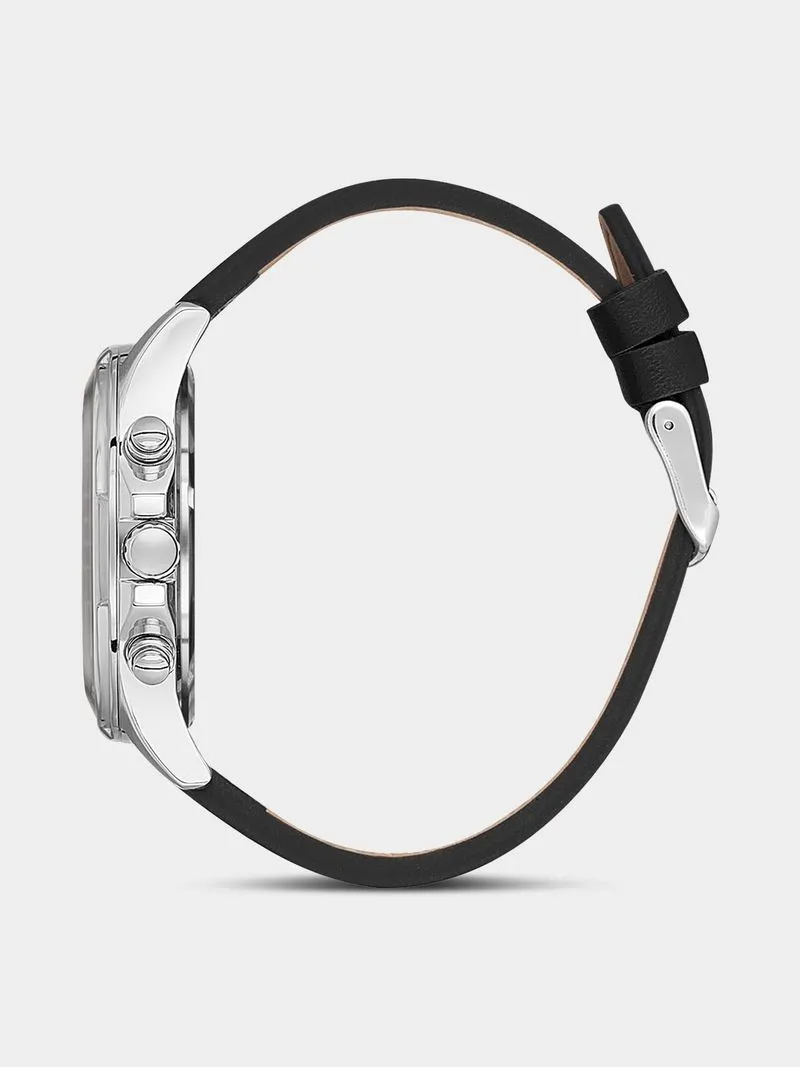 Daniel Klein Silver Plated Black Leather Chronographic Watch
