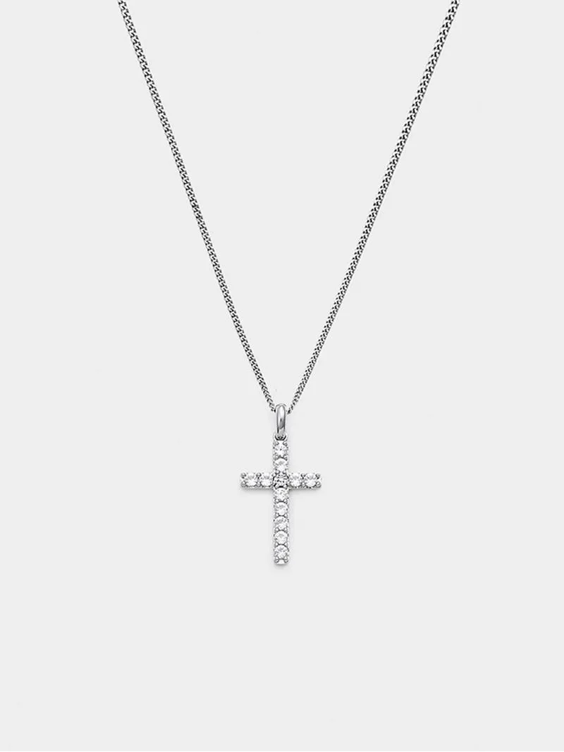 Sterling Silver Diamond & Created White Sapphire Cross Pendant