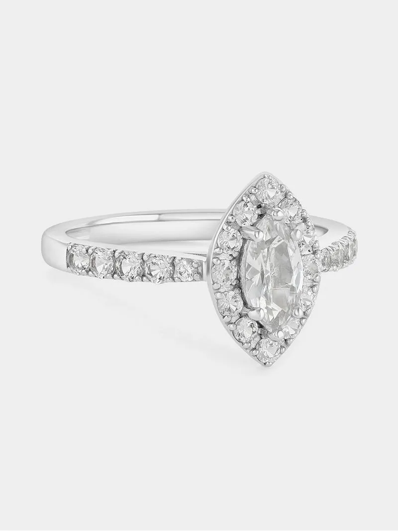 Sterling Silver Diamond & Created Sapphire Marquise Halo Ring