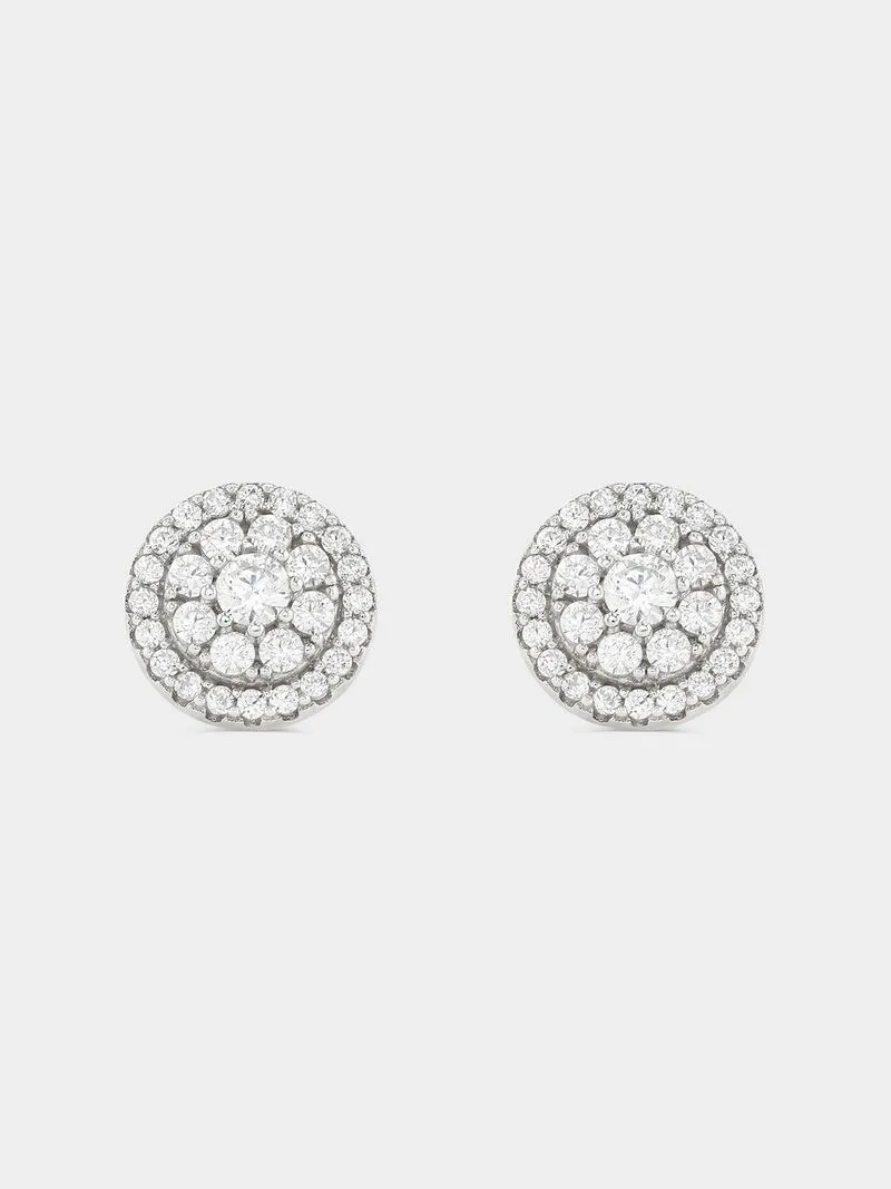 Sterling Silver Cubic Zirconia Oval Cluster Halo Stud Earrings