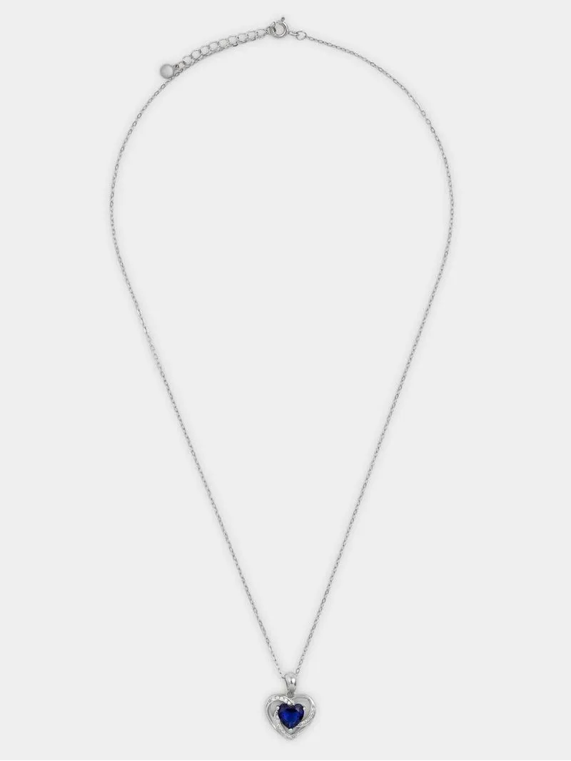 Sterling Silver Blue White Cubic Zirconia Heart In Heart Pendant