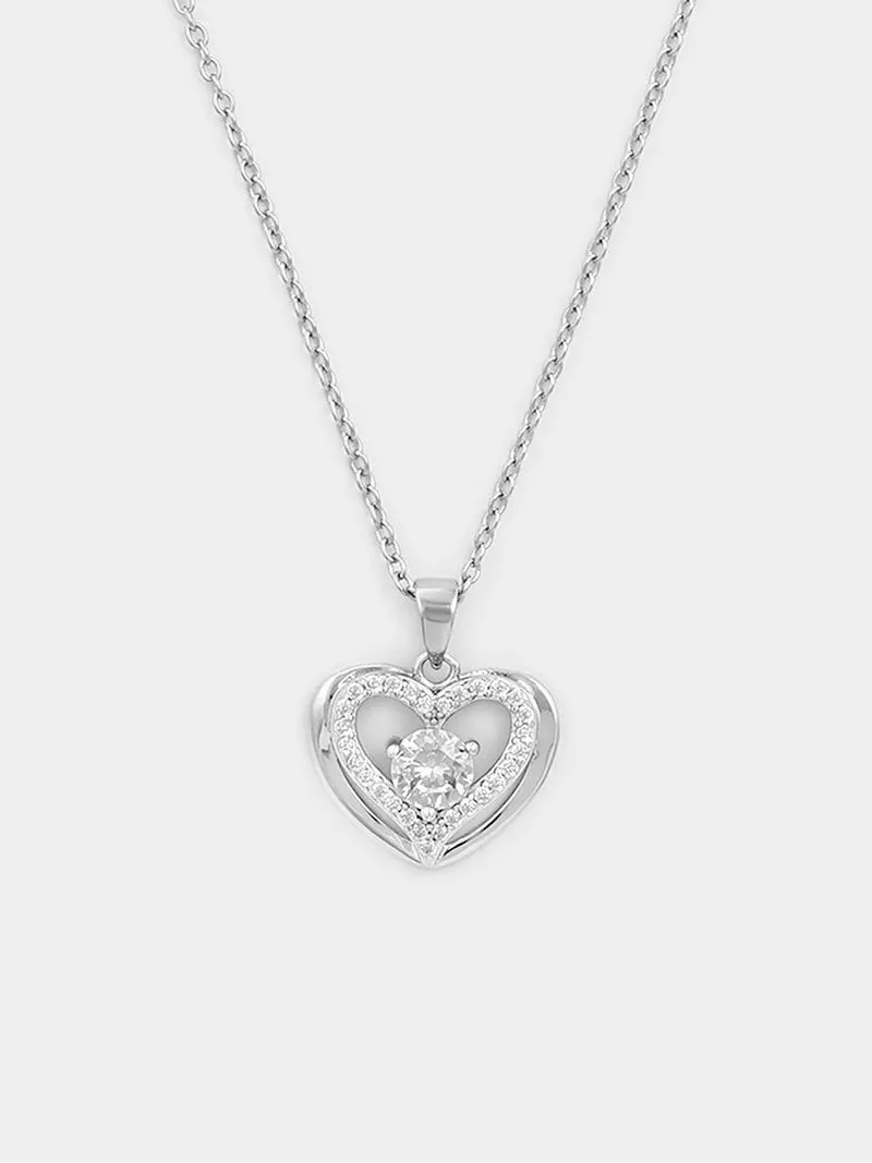 Sterling Silver Cubic Zirconia Solitaire Double Heart Pendant