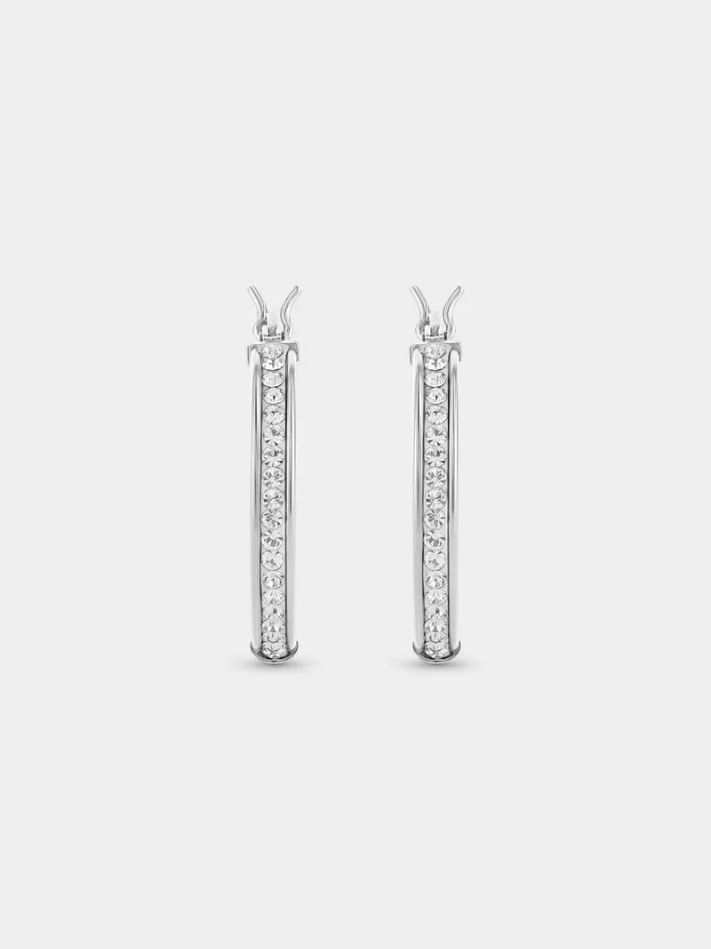 White Gold and Sterling Silver Crystal Hoop Earrings