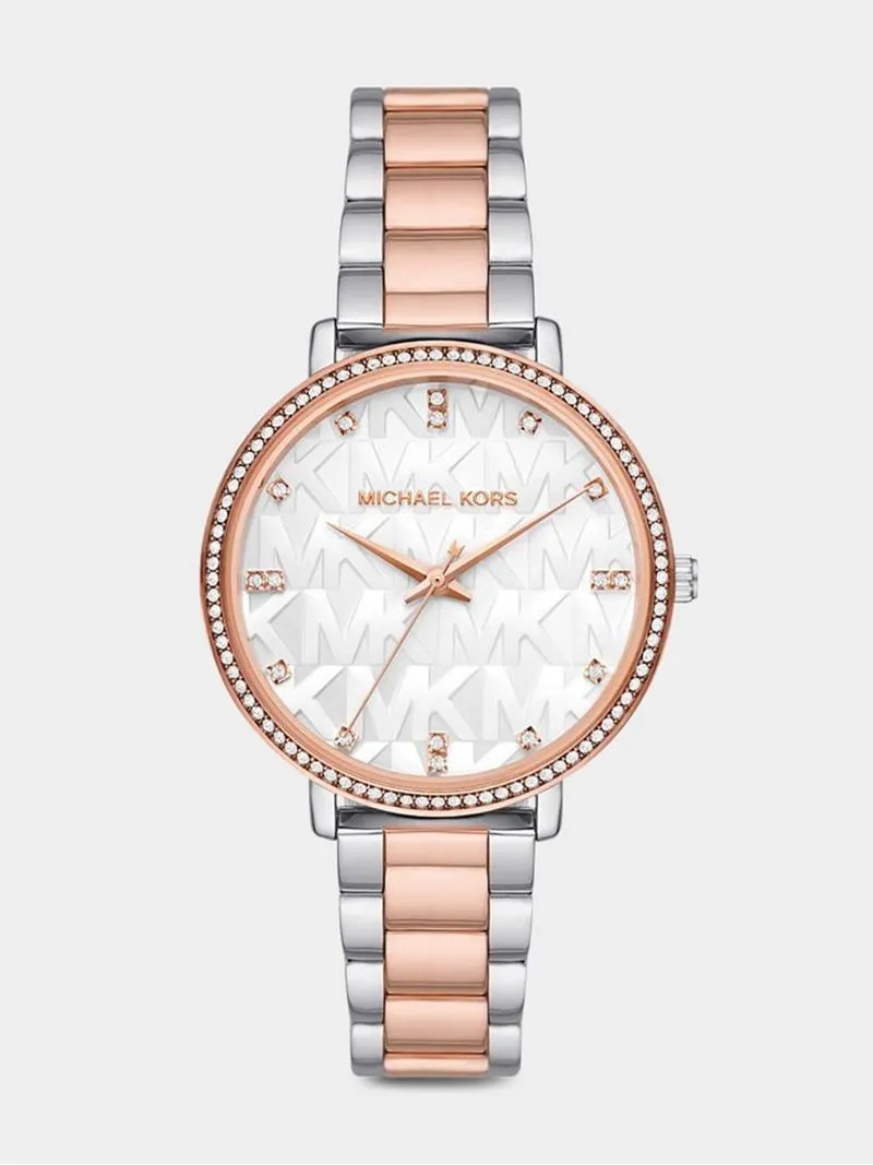 Michael Kors Women's Pyper Silver & Rose Gold Plated Logo Bracelet Watch