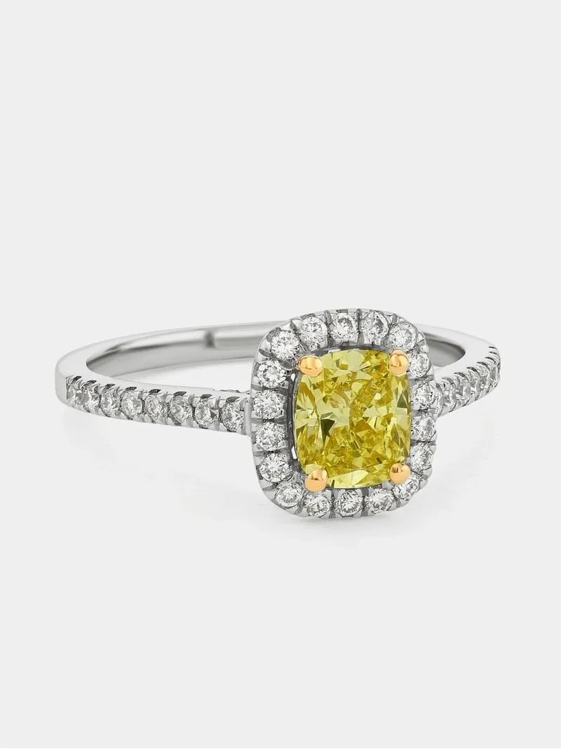 White Gold 1ct Yellow Lab Grown Diamond Women’s Cushion Halo Ring