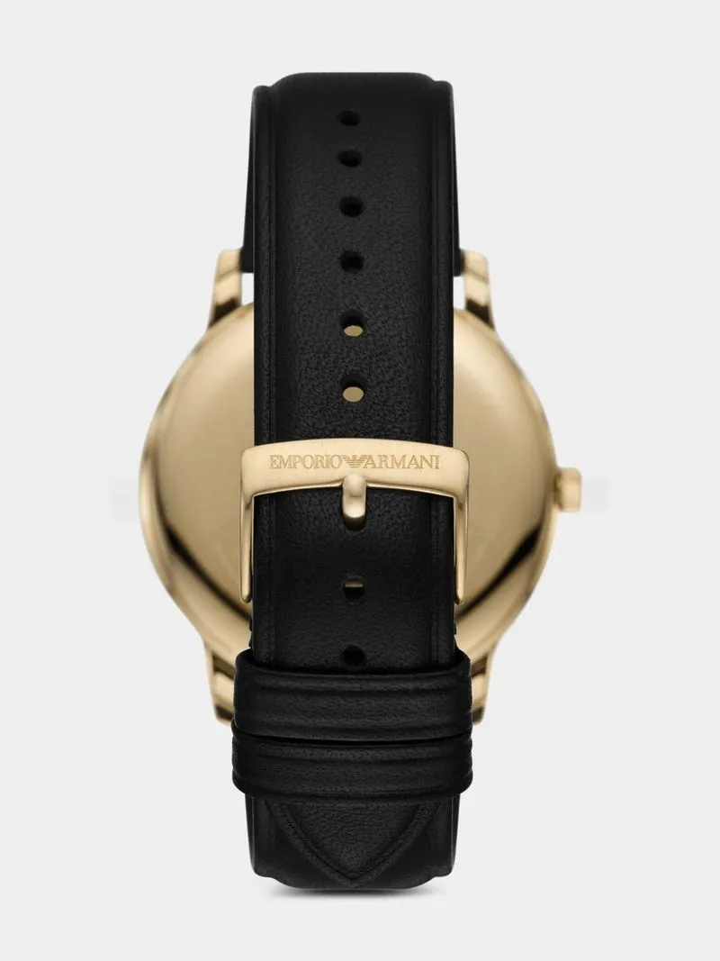 Emporio Armani Green Dial Gold Plated Black Leather Watch