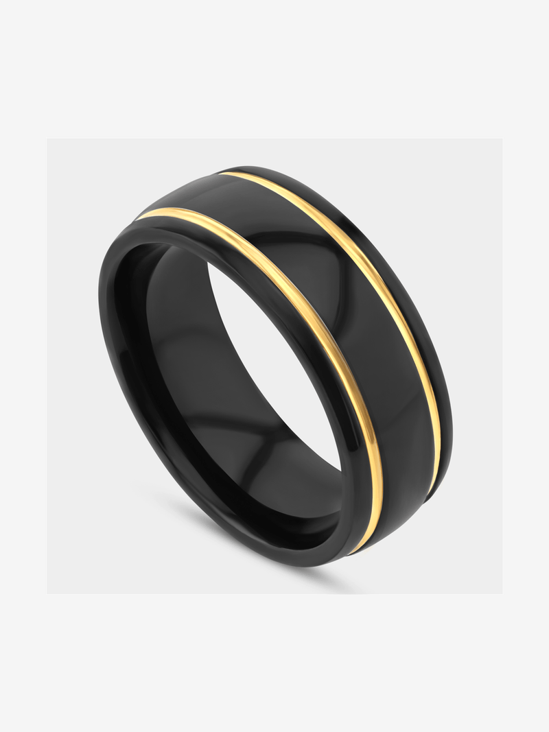 Stainless Steel Black & Gold Plated Striped Edge Ring