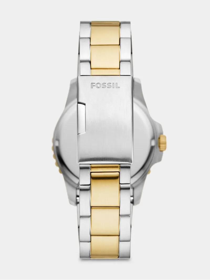 Fossil Blue Stainless Steel & Gold Plated Black Dial Bracelet Watch