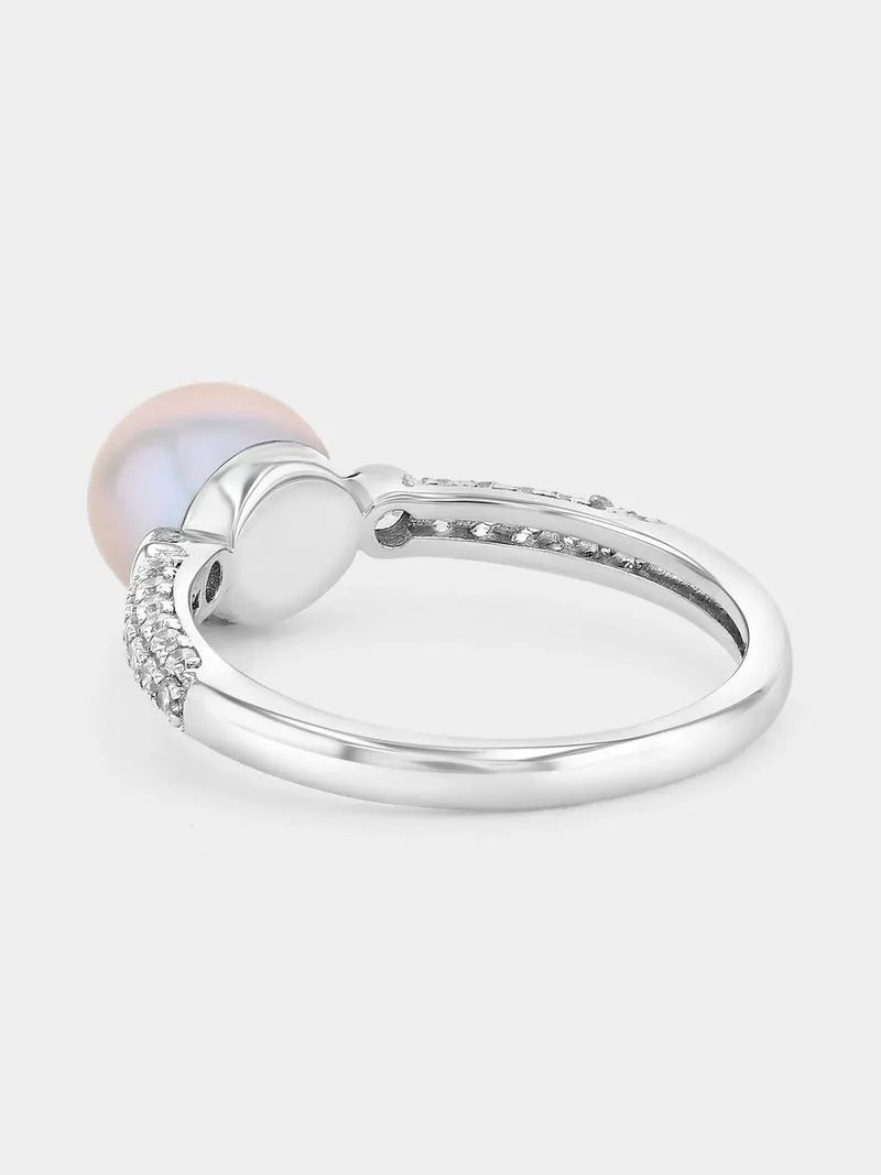 Sterling Silver Ladies Grey Pearl Pave Cubic Zirconia Ring