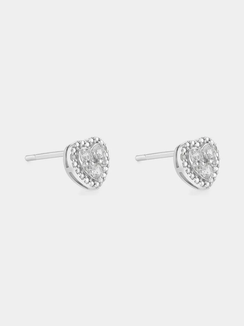 Sterling Silver Diamond & Created Sapphire Heart Halo Stud Earrings