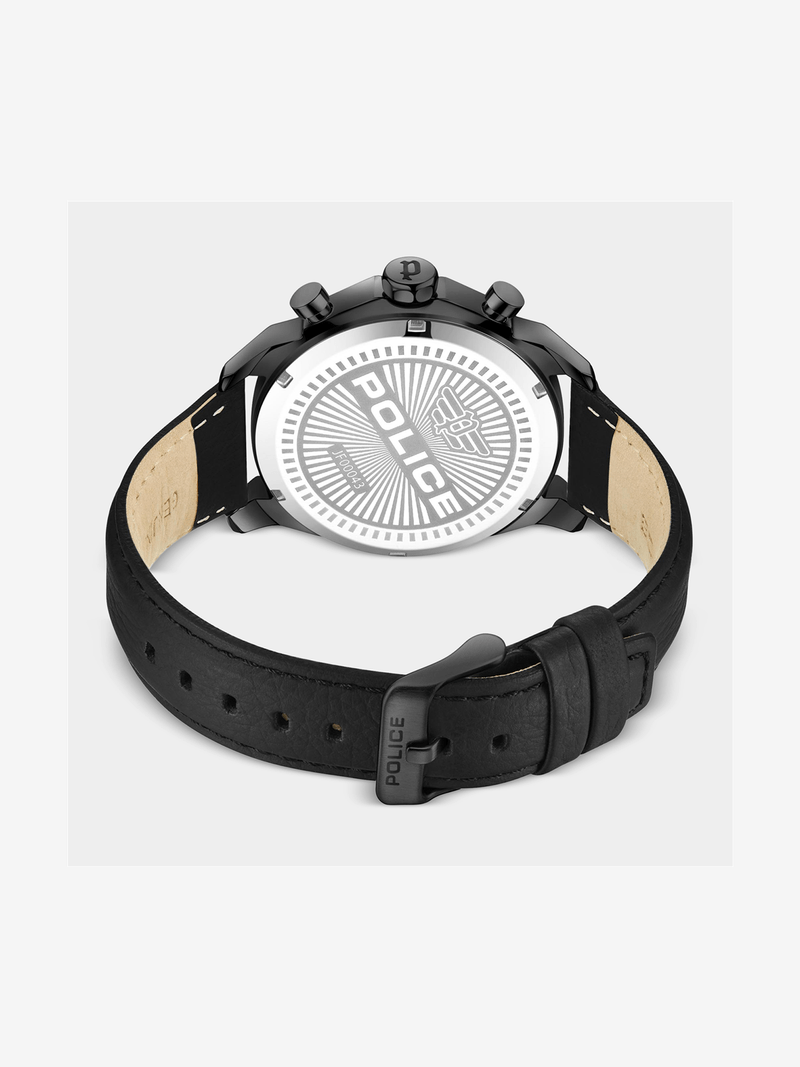 Police Menelik Black Plated Charcoal Dial Black Leather Watch