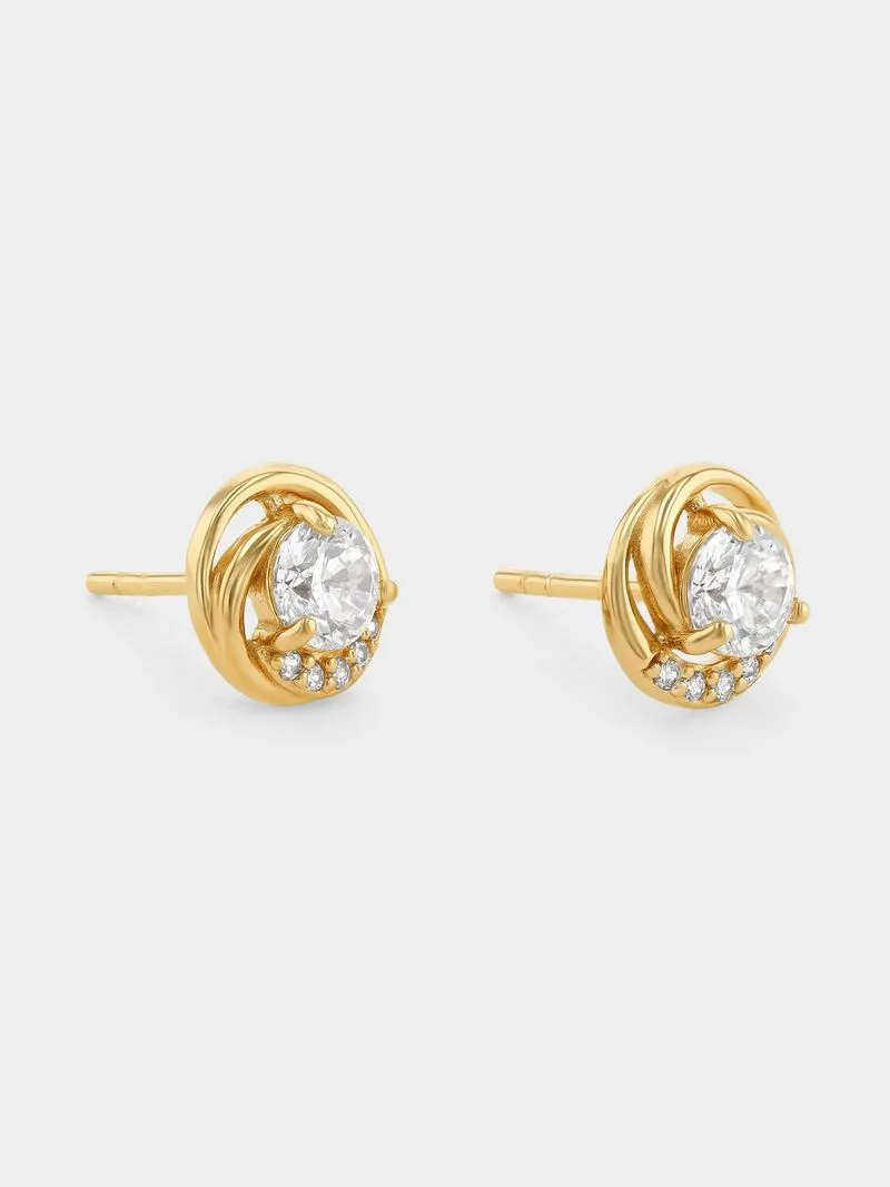 Gold Plated Sterling Silver Cubic Zirconia Swirl Halo Stud Earrings