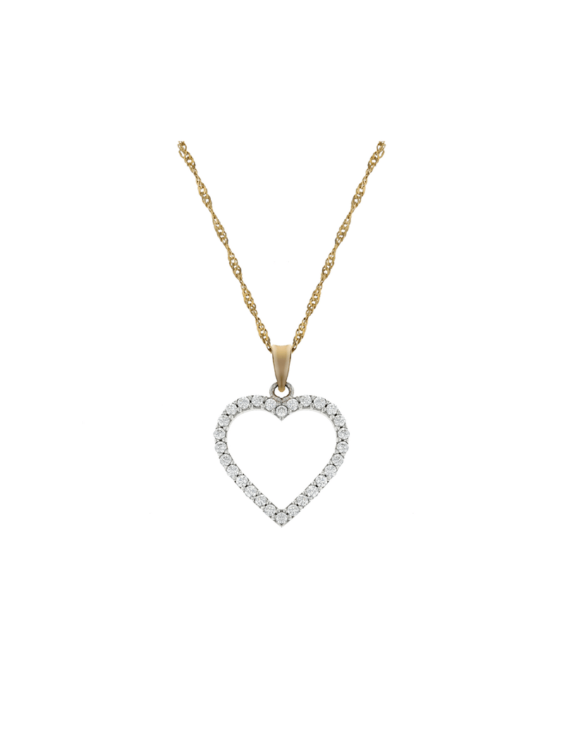 Yellow Gold & Sterling Silver Open Heart Cubic Zirconia Pendant on a Chain