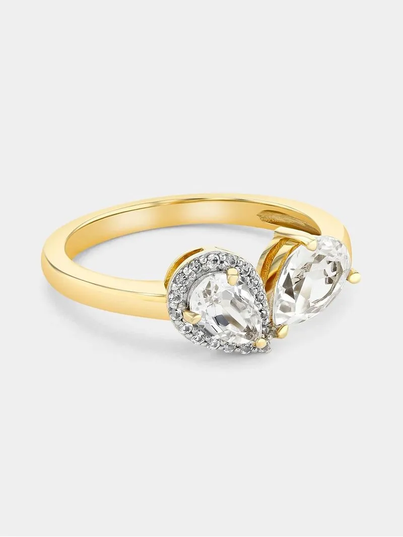 Yellow Gold Diamond & Created Sapphire Pear Duo Ring