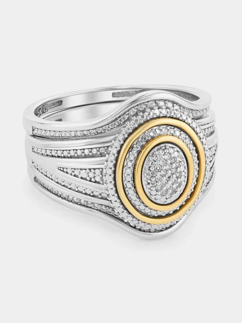 Yellow Gold & Sterling Silver Diamond & Created Sapphire Oval Halo Triple Set Ring
