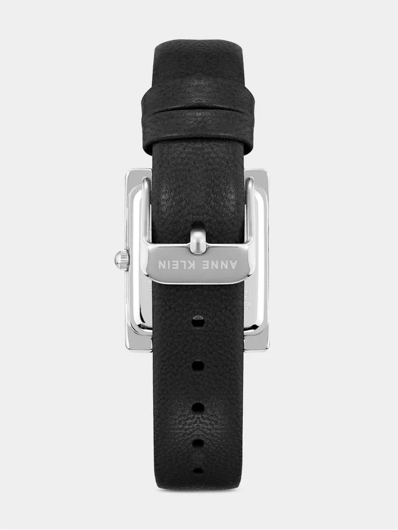 Anne Klein Silver Plated Rectangular Black Leather Watch