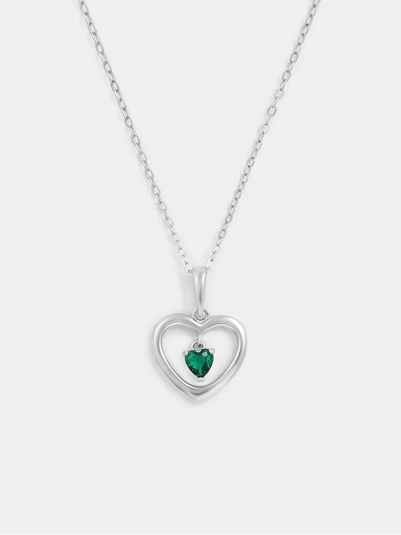 Sterling Silver Emerald Green Cubic Zirconia May Birthstone Kid’s Heart Pendant