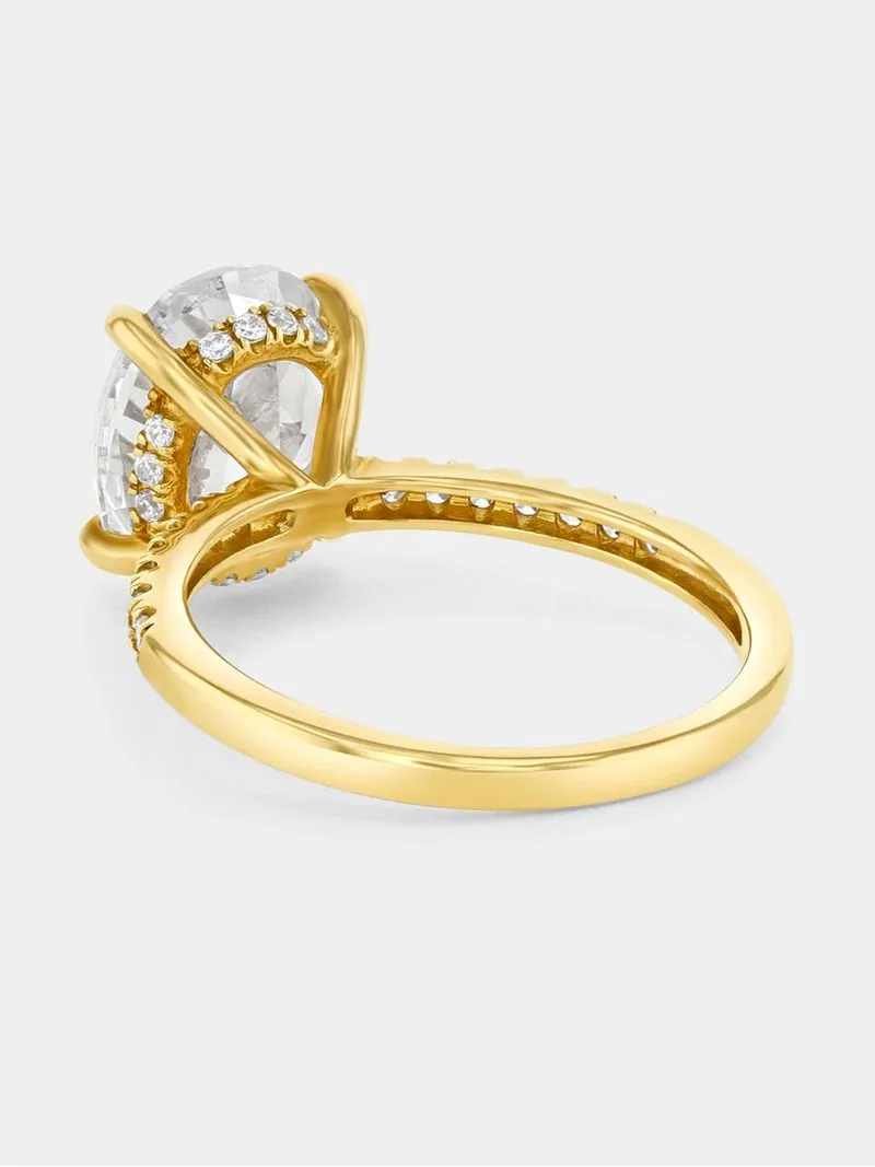 Yellow Gold & 4ct Created White Sapphire Secret Halo Oval Solitaire Ring
