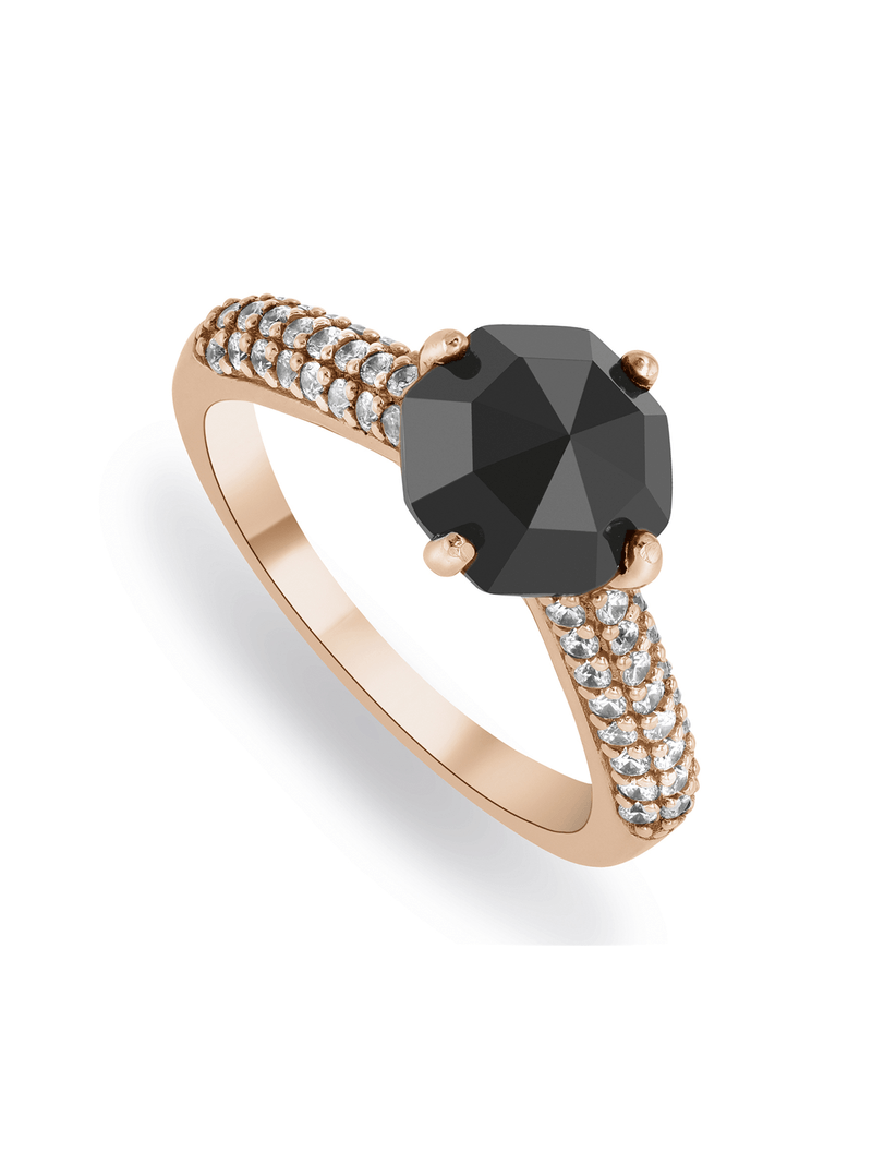 Rose-Toned Sterling Silver & Iconic Cut Black Cubic Zirconia Ring