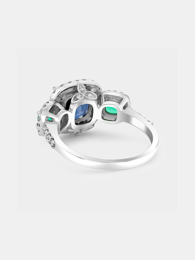 White Gold Lab Grown Blue Sapphire & Emerald Women’s Cushion Trilogy Ring