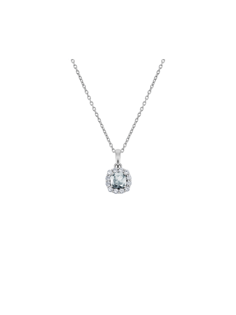 Sterling Silver Diamond & Aquamarine Cushion Halo Pendant