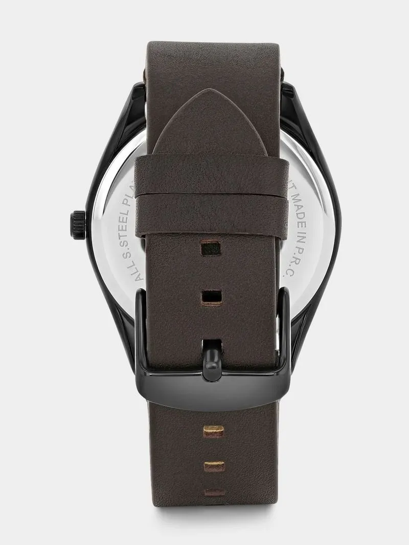 Daniel Klein Black Plated Black & Silver Tone Dial Brown Leather Watch