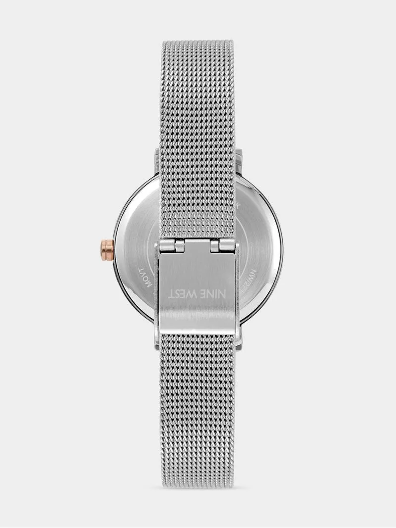 Nine West Women's Grey Dial, Rose Gold & Silver Plated Mesh Watch