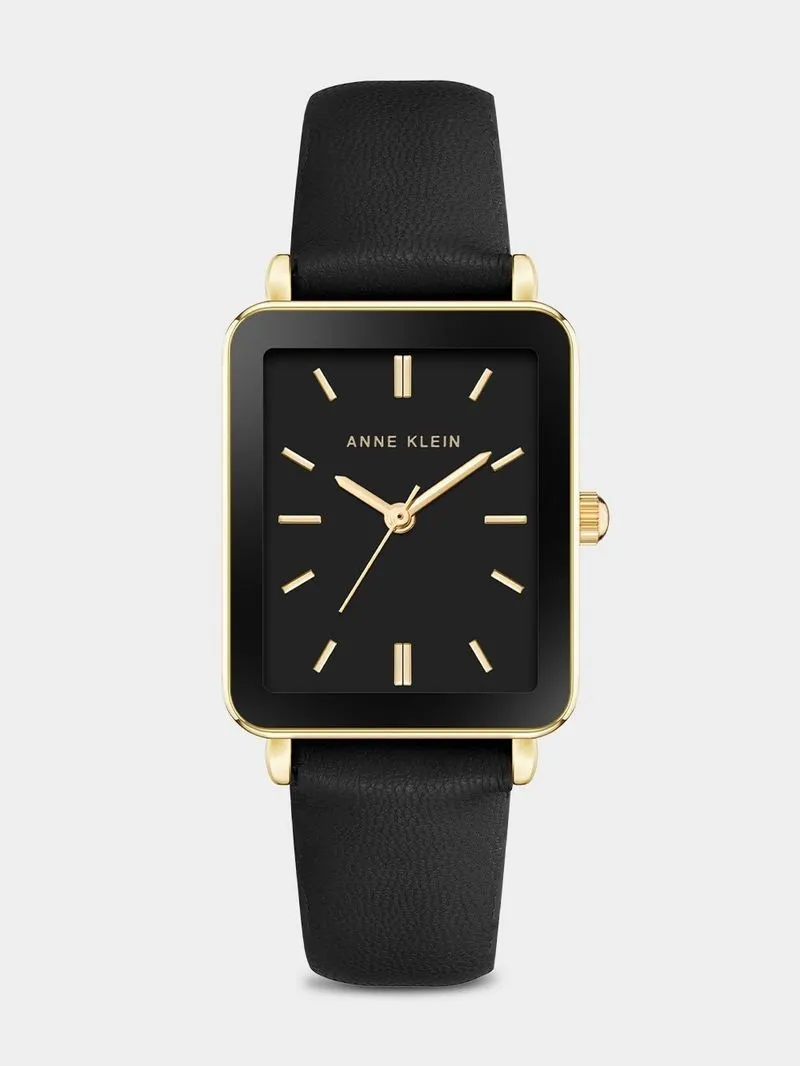 Anne Klein Gold Plated & Synthetic Black Leather Rectangular Watch