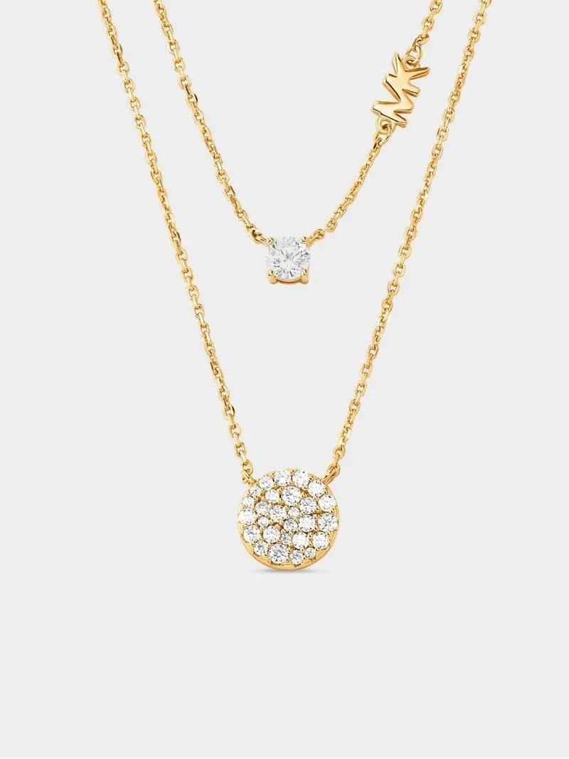 Michael Kors Kors Brilliance Collection Gold Plated Sterling Silver Double Layered Pavé Disk Necklace