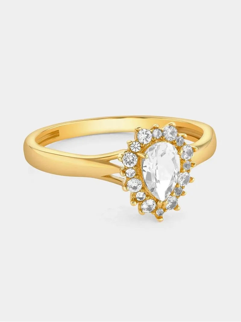 Yellow Gold Diamond & Created White Sapphire Pear Halo Ring