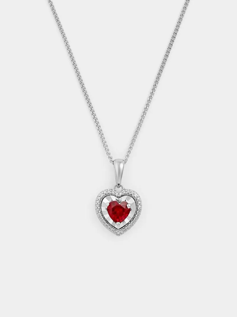 Sterling Silver Diamond & Created Ruby Heart Halo Pendant