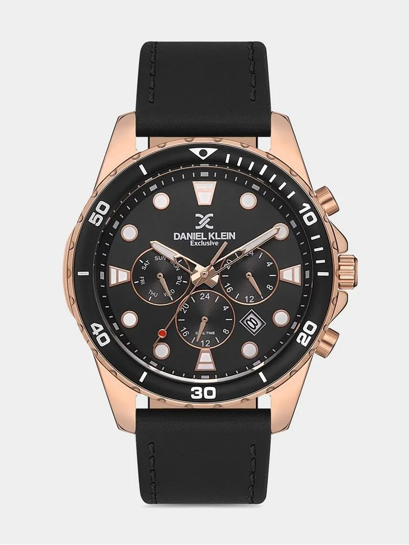 Daniel Klein Rose Plated Black Leather Chronographic Watch