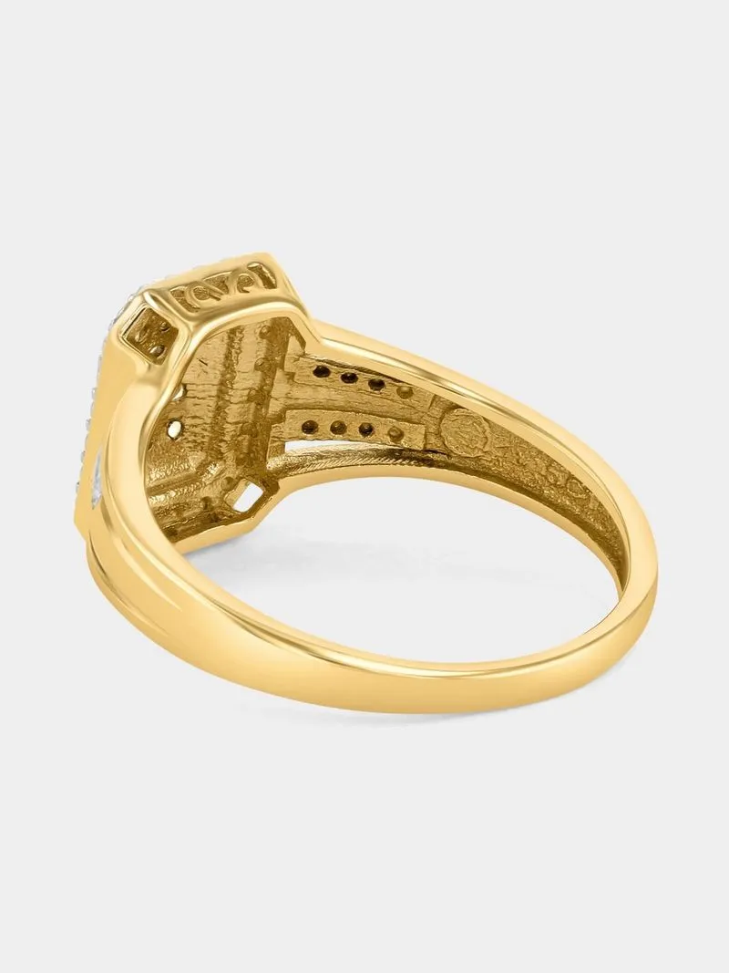 Yellow Gold Diamond & Created Sapphire Rectangle Halo Ring