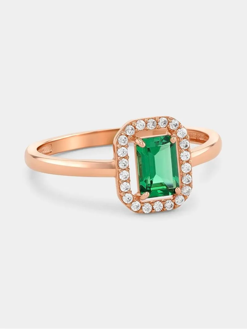 Rose Gold, Green Cubic Zirconia Square Halo Ring